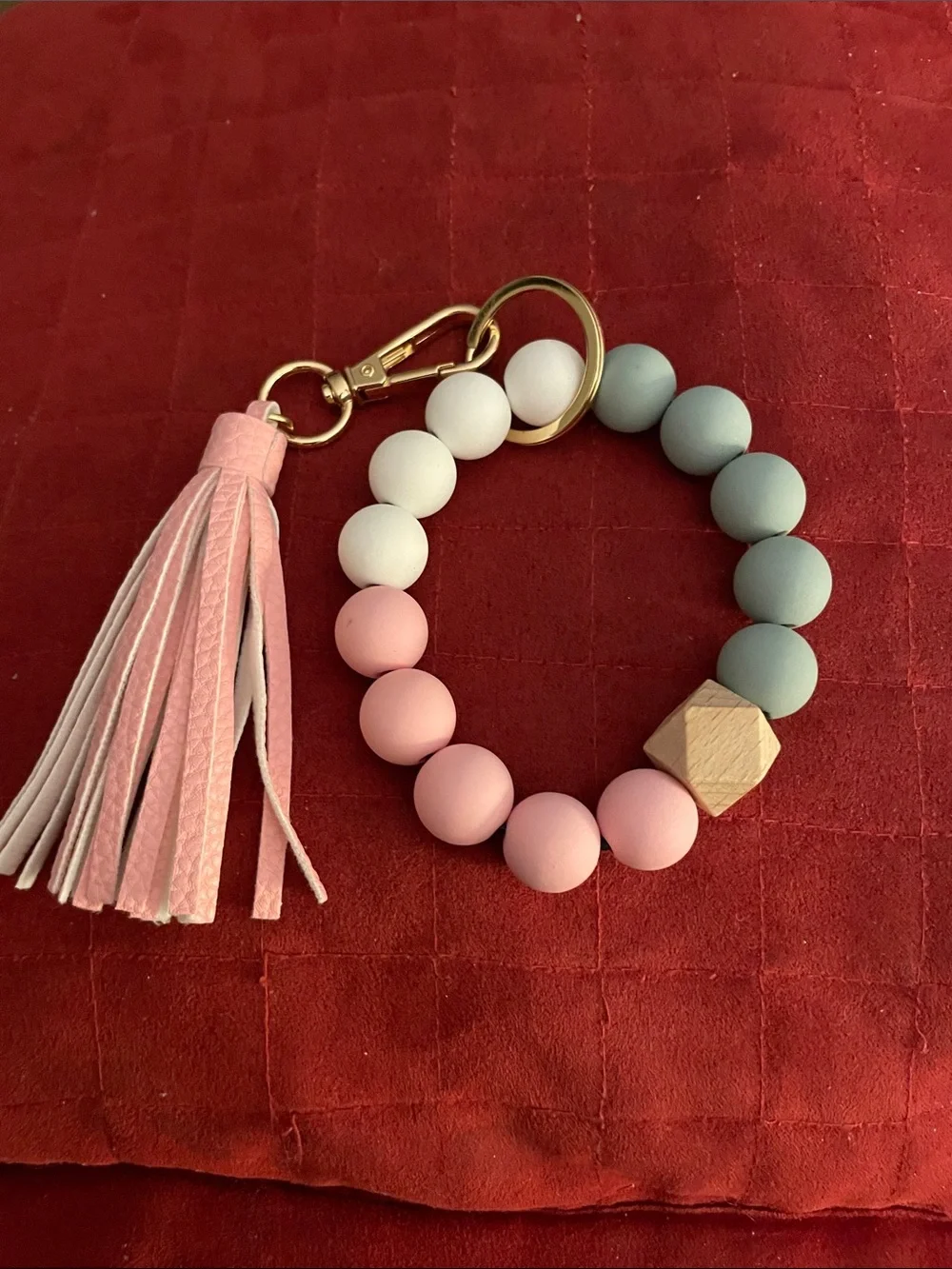 Beaded Pink & Gray Wristlet Keychain with Tassel
